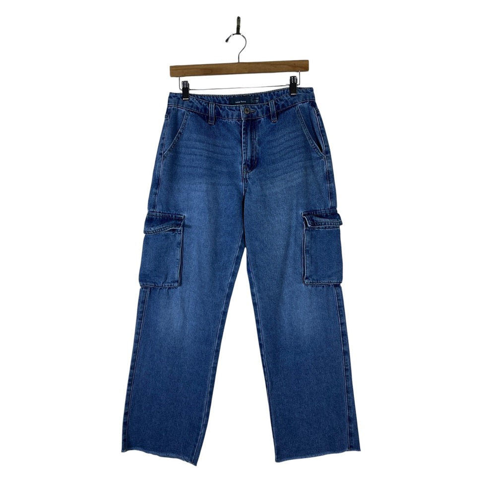 Indigo Rising Cargo Solid Jeans Medium Blue Y2K High Waisted Wide Leg Size 7/28